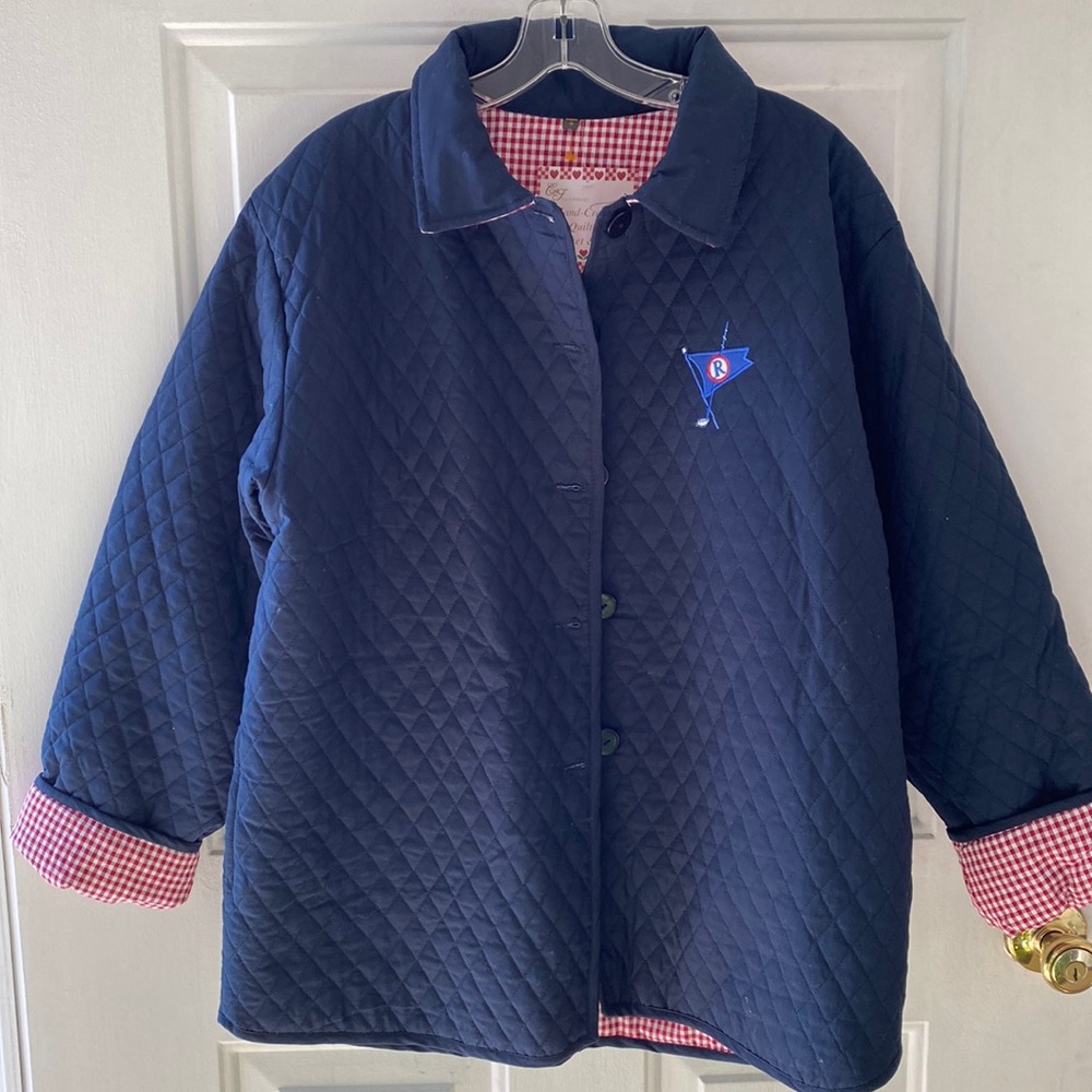 Hand-Crafted Navy Quilted Jacket with Gingham Trim NEW